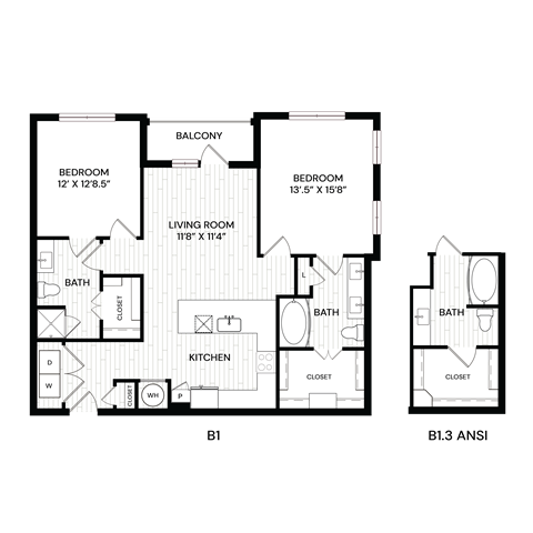 Floor plan for 2 beds, 2 baths, 1070 sqft